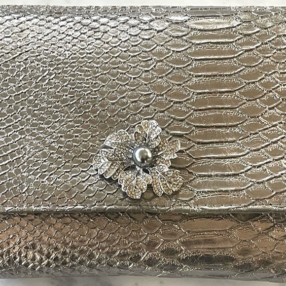 Neiman Marcus Silver Snake-embossed Wristlet, rhinestone & faux pearl accent
